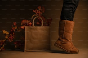 una persona de pie junto a una bolsa marrón