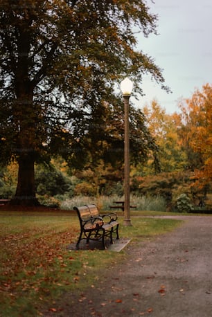 a park bench sitting next to a lamp post