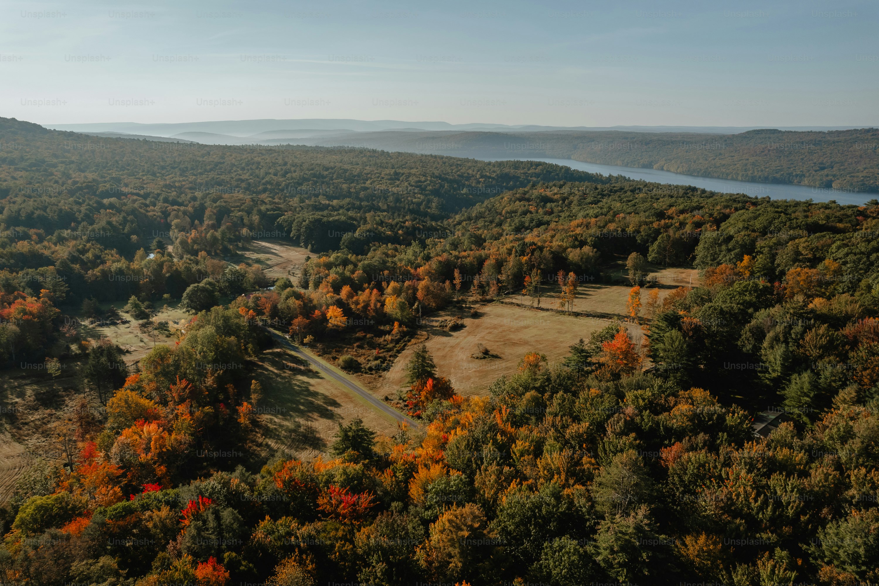 an aerial view of a wooded area with a lake in the distance