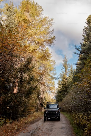 a truck driving down a dirt road surrounded by trees