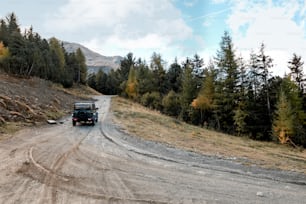 una jeep che percorre una strada sterrata vicino a una foresta