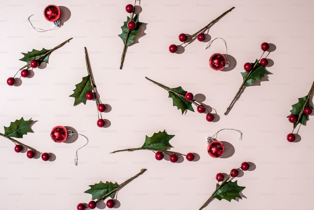 a collection of holly berry decorations on a white background