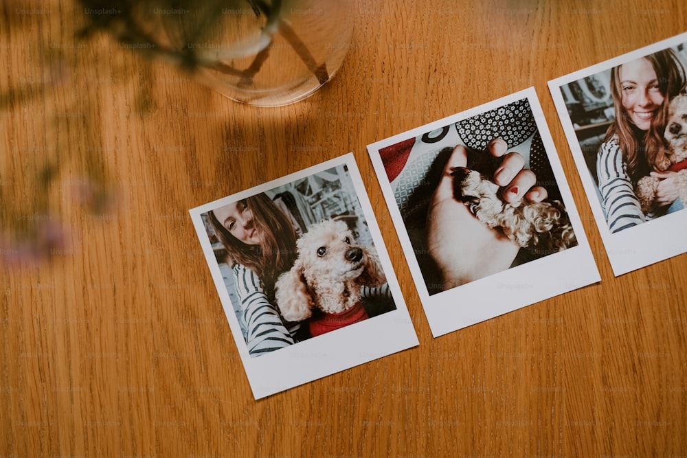three pictures of a woman holding a dog