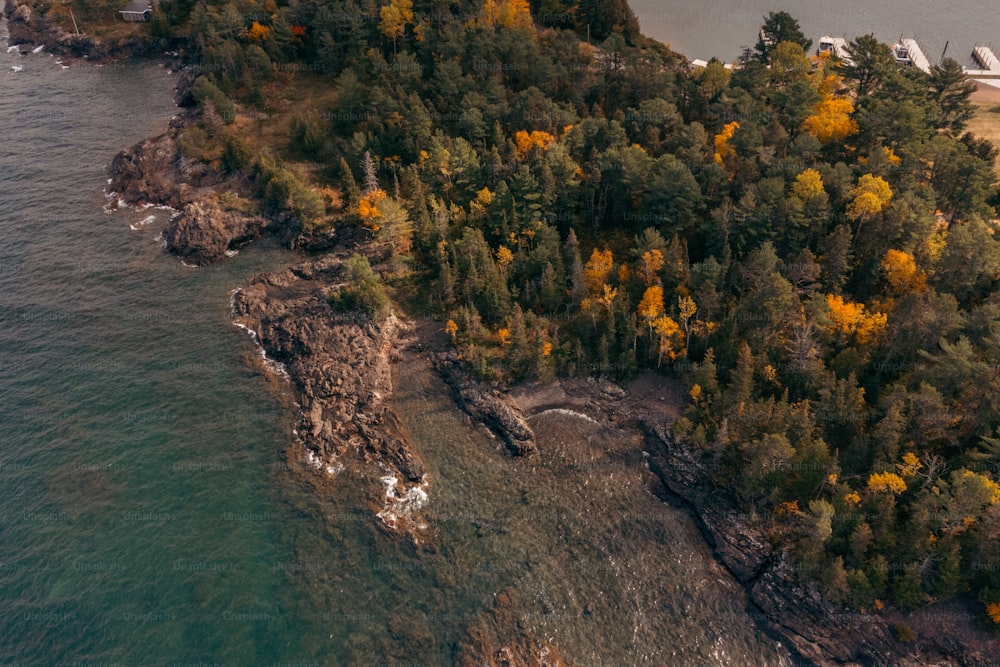 an aerial view of a small island surrounded by trees