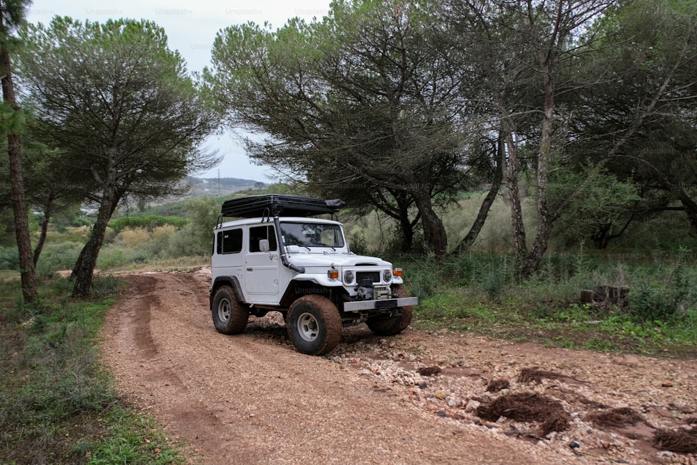 Un jeep blanco conduciendo por un camino de tierra