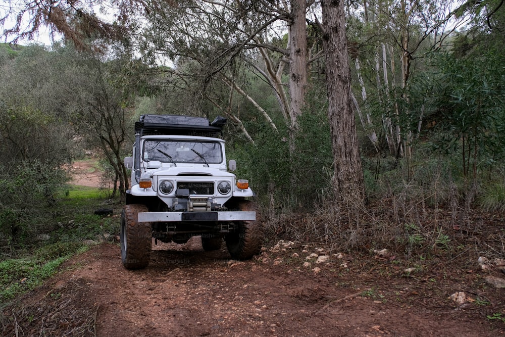 a jeep parked on a dirt road in the woods