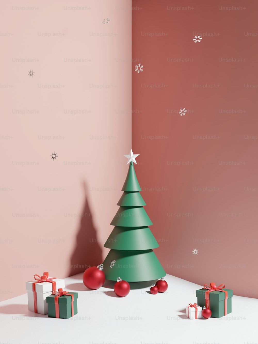 Un árbol de Navidad verde rodeado de regalos