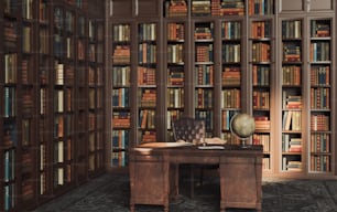 uma sala cheia de livros e uma mesa