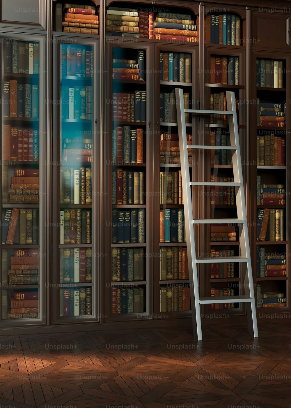 a ladder leaning against a bookshelf filled with books