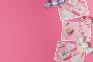 a pink background with three pictures of different items