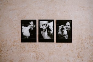 Tre fotografie in bianco e nero di una donna e di un cane