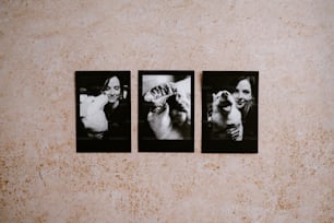 three black and white photographs of a woman and a dog