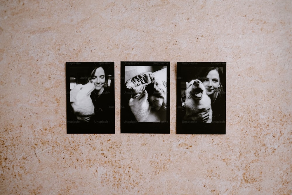 three black and white photographs of a woman and a dog