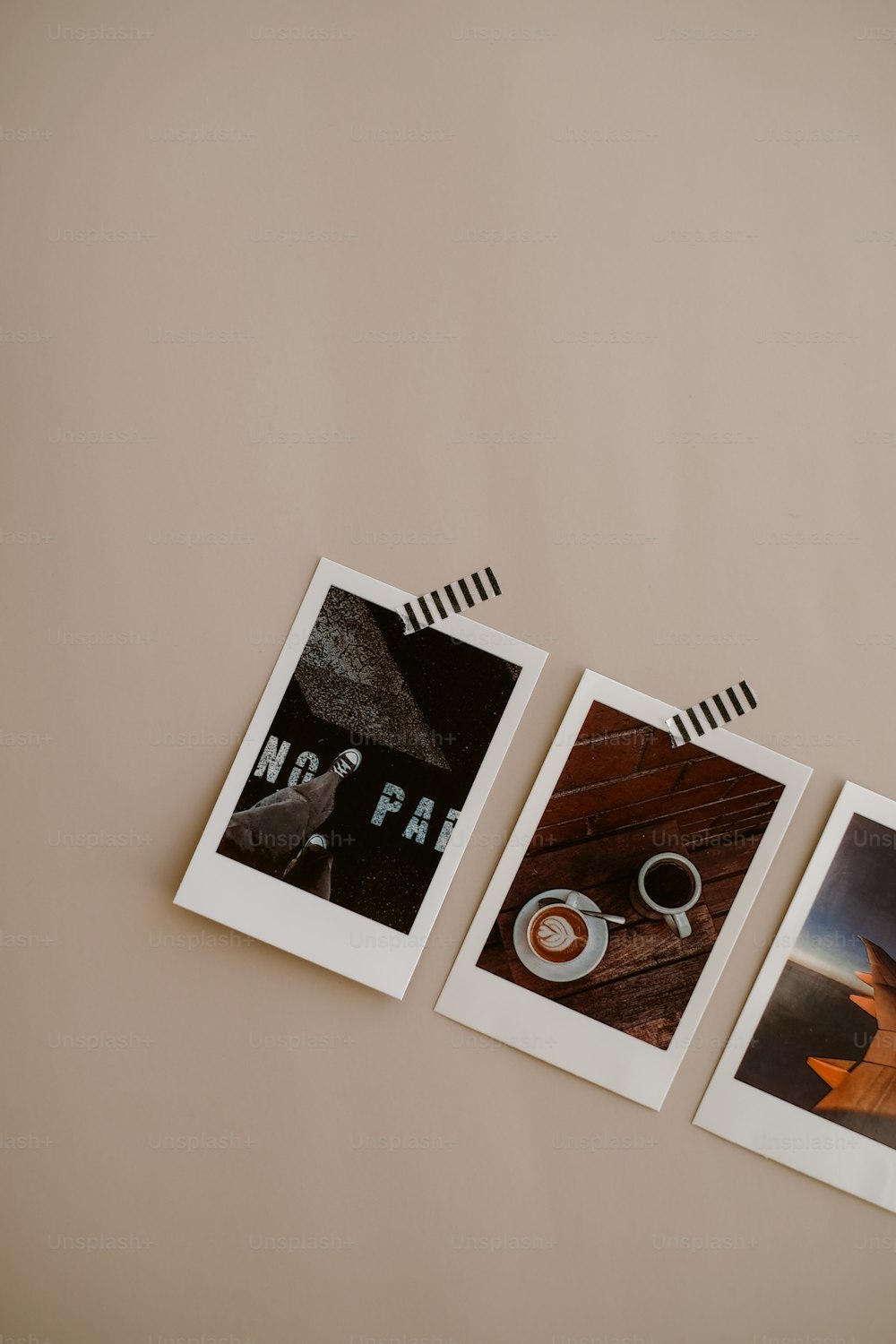 three polaroid pictures of coffee and a cup of coffee