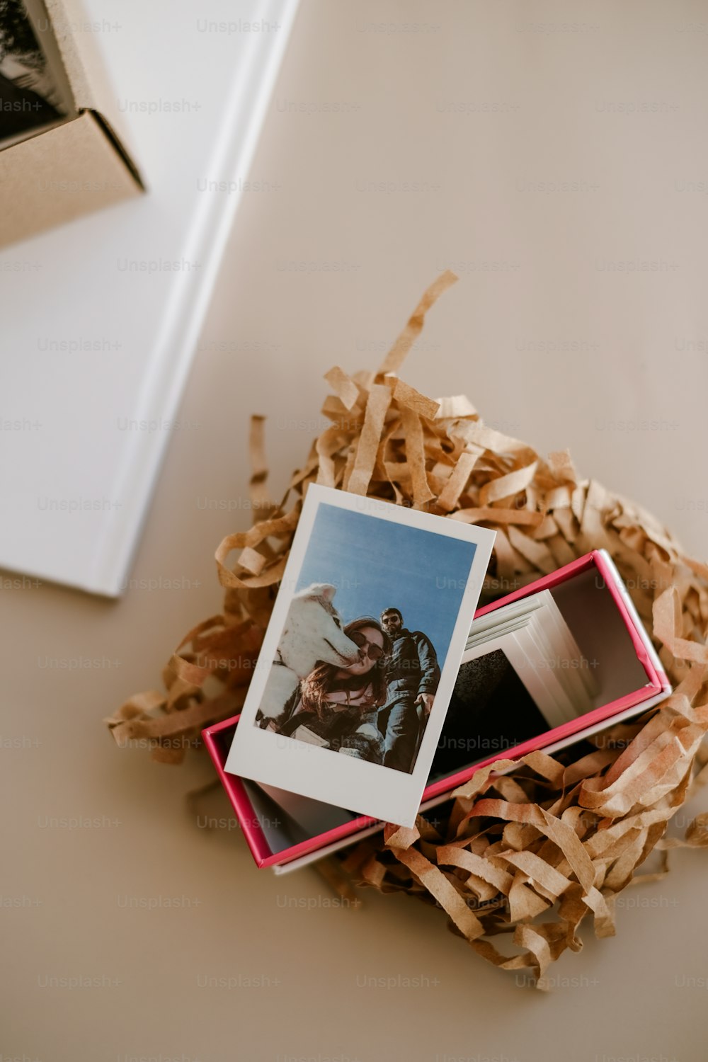 a couple of polaroid pictures sitting on top of a pile of shredded wood