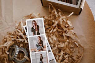 a pile of brown paper with pictures on it
