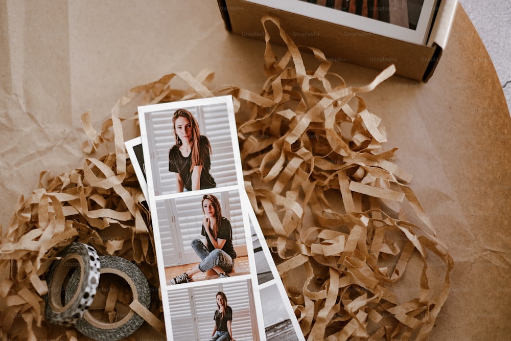 a pile of brown paper with pictures on it
