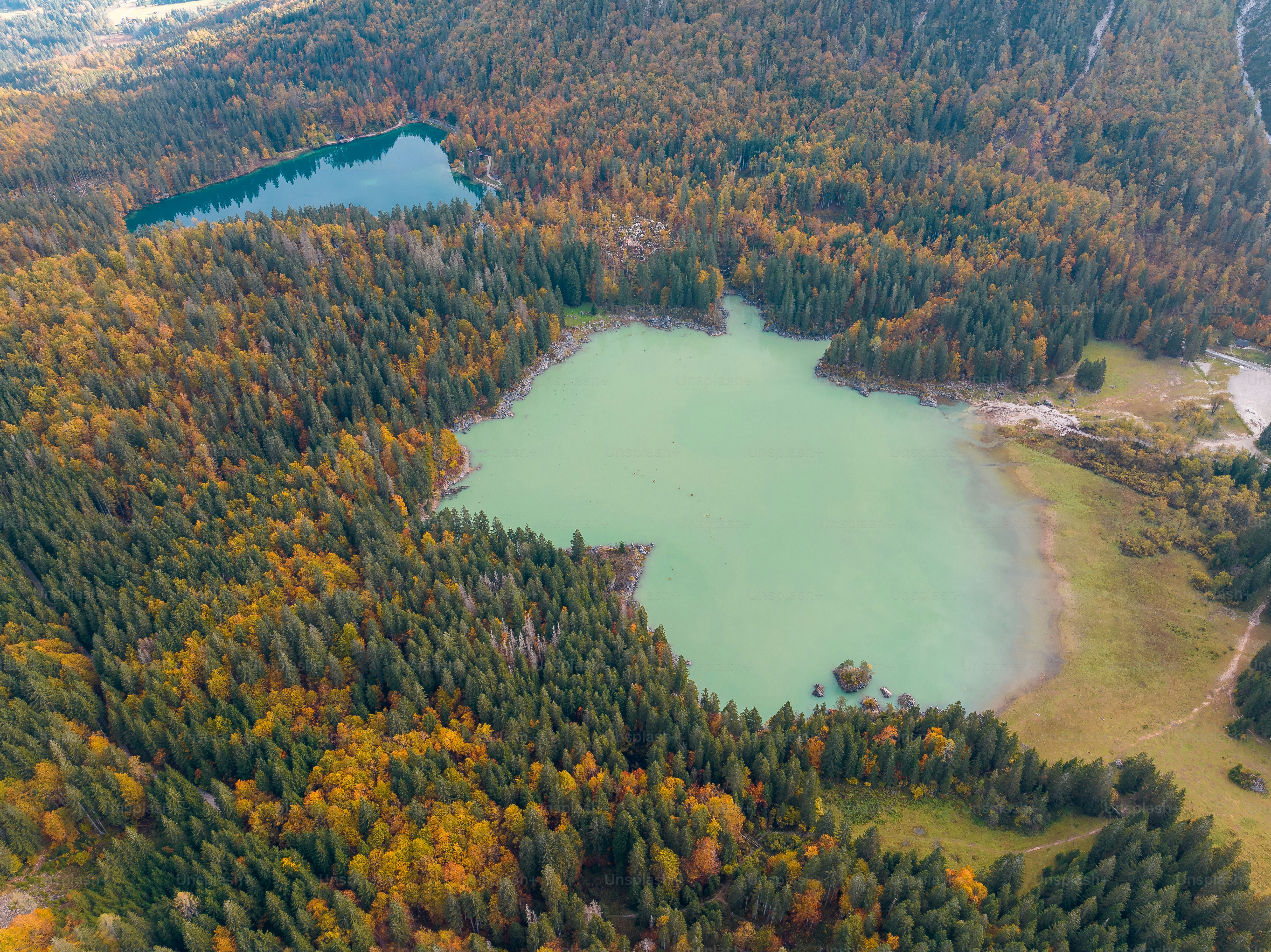 An aerial view of a lake surrounded by trees photo – Forest Image on ...