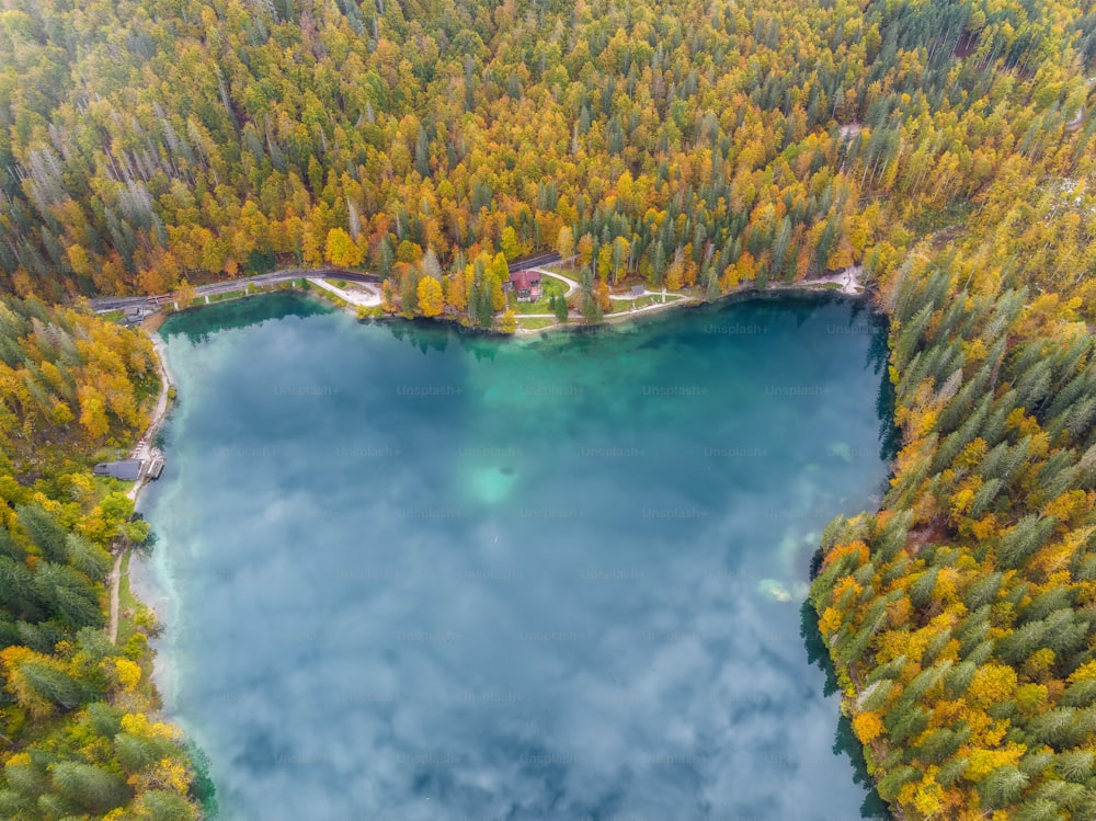 an aerial view of a lake surrounded by trees