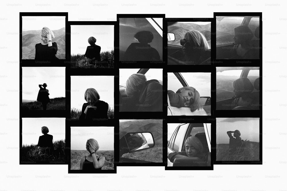 차에 앉아 있는 사람들의 흑백 사진 시리즈