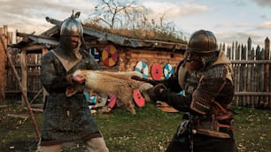 a couple of men in armor holding a sheep