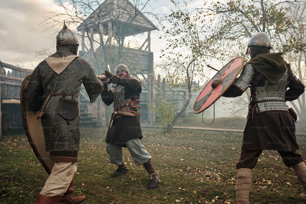 a group of men dressed in medieval costumes