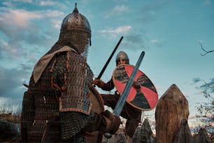 Un hombre con armadura sosteniendo una espada y un escudo