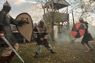 a group of men dressed in medieval costumes