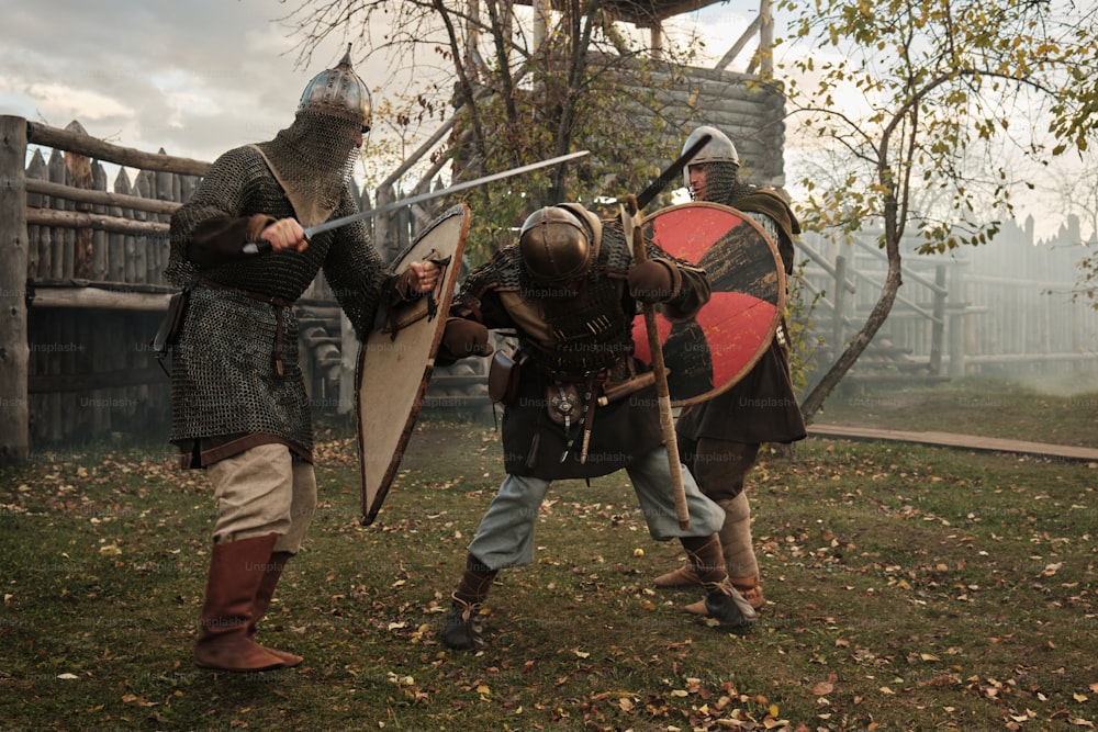 Dois homens vestidos com armaduras medievais lutando em um parque