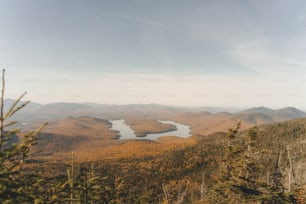 a scenic view of a lake surrounded by mountains