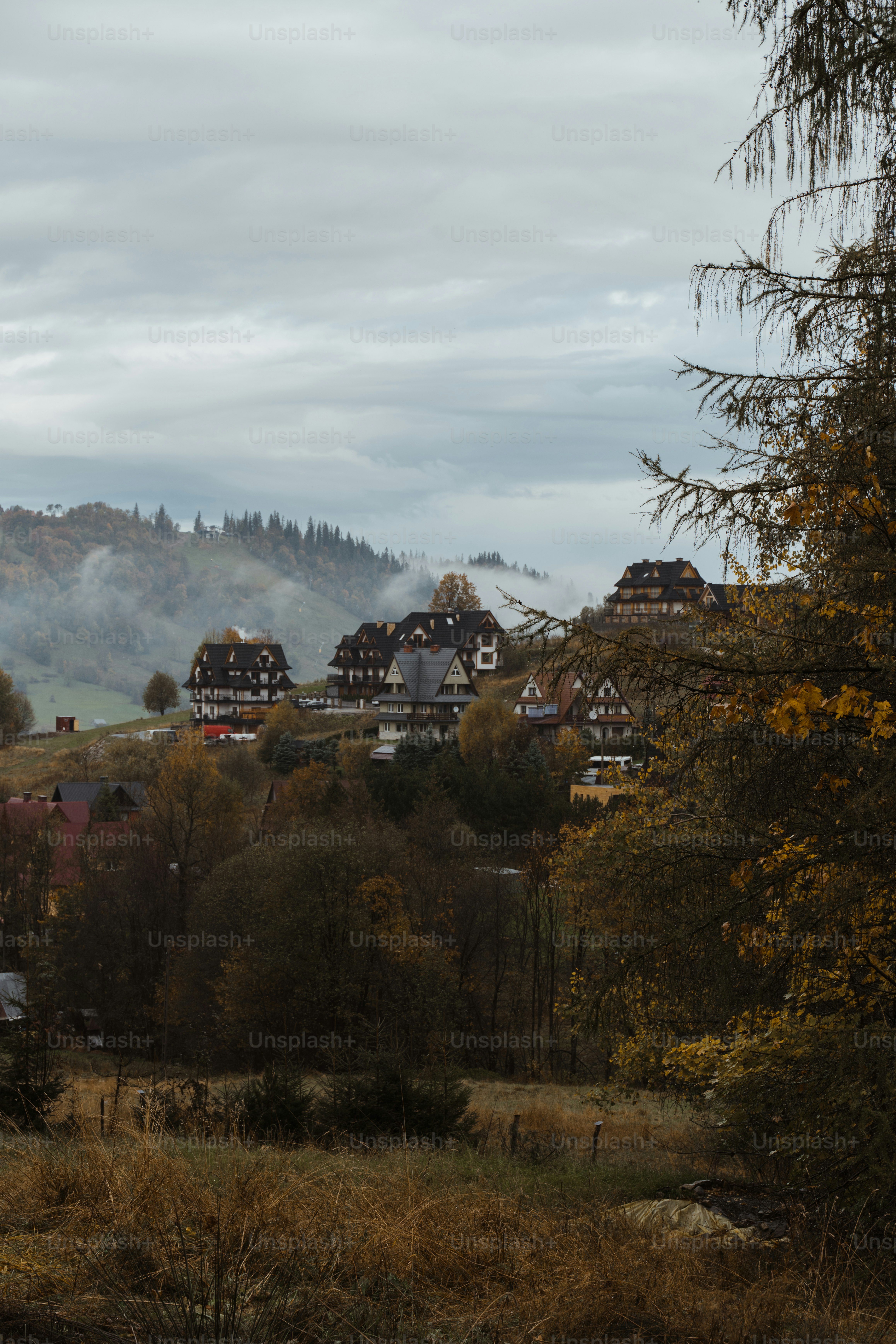 a view of a small town in the mountains
