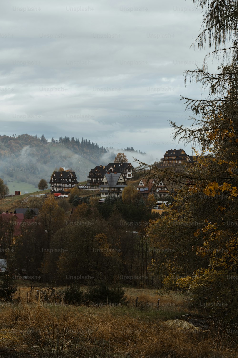 a view of a small town in the mountains