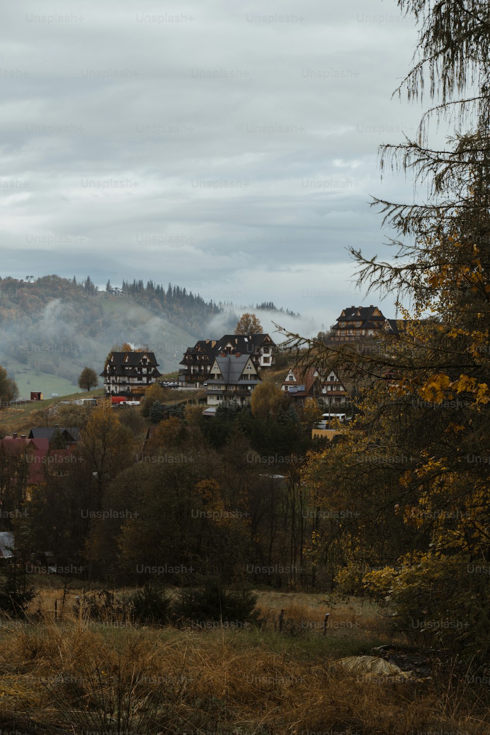 uma vista de uma pequena cidade nas montanhas