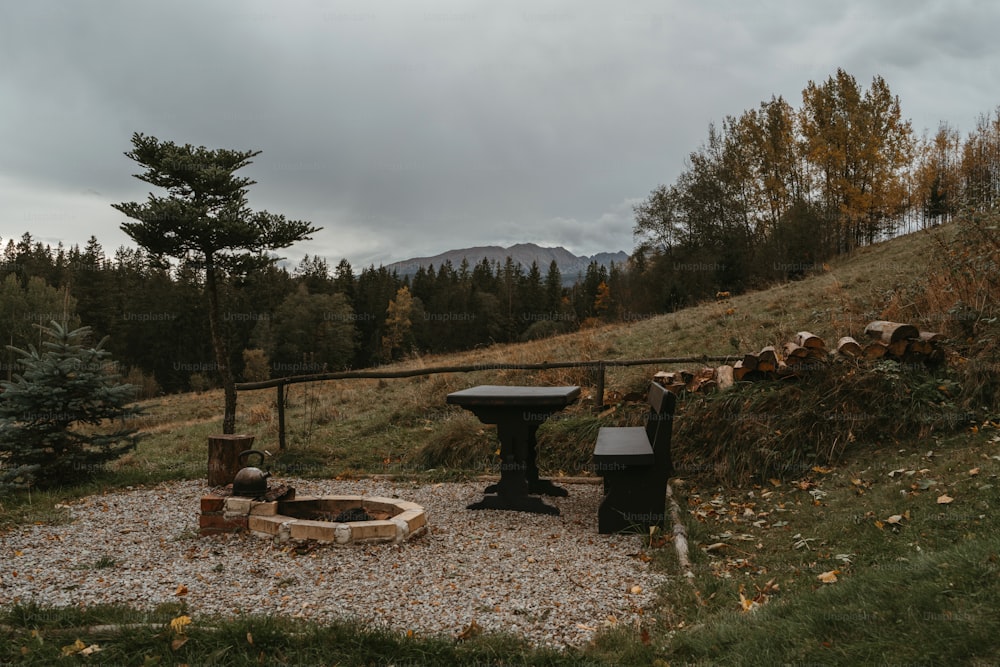 a fire pit sitting on top of a gravel field