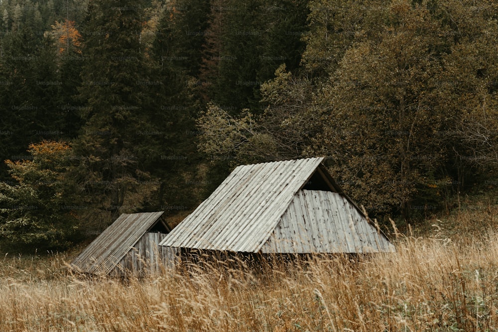 a wooden structure in a field with trees in the background