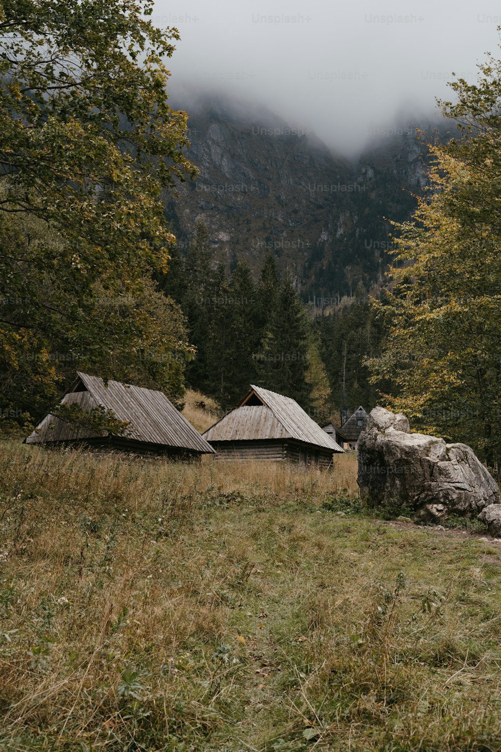 a group of wooden buildings sitting on top of a lush green hillside