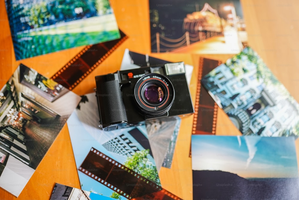 a camera sitting on top of a wooden table