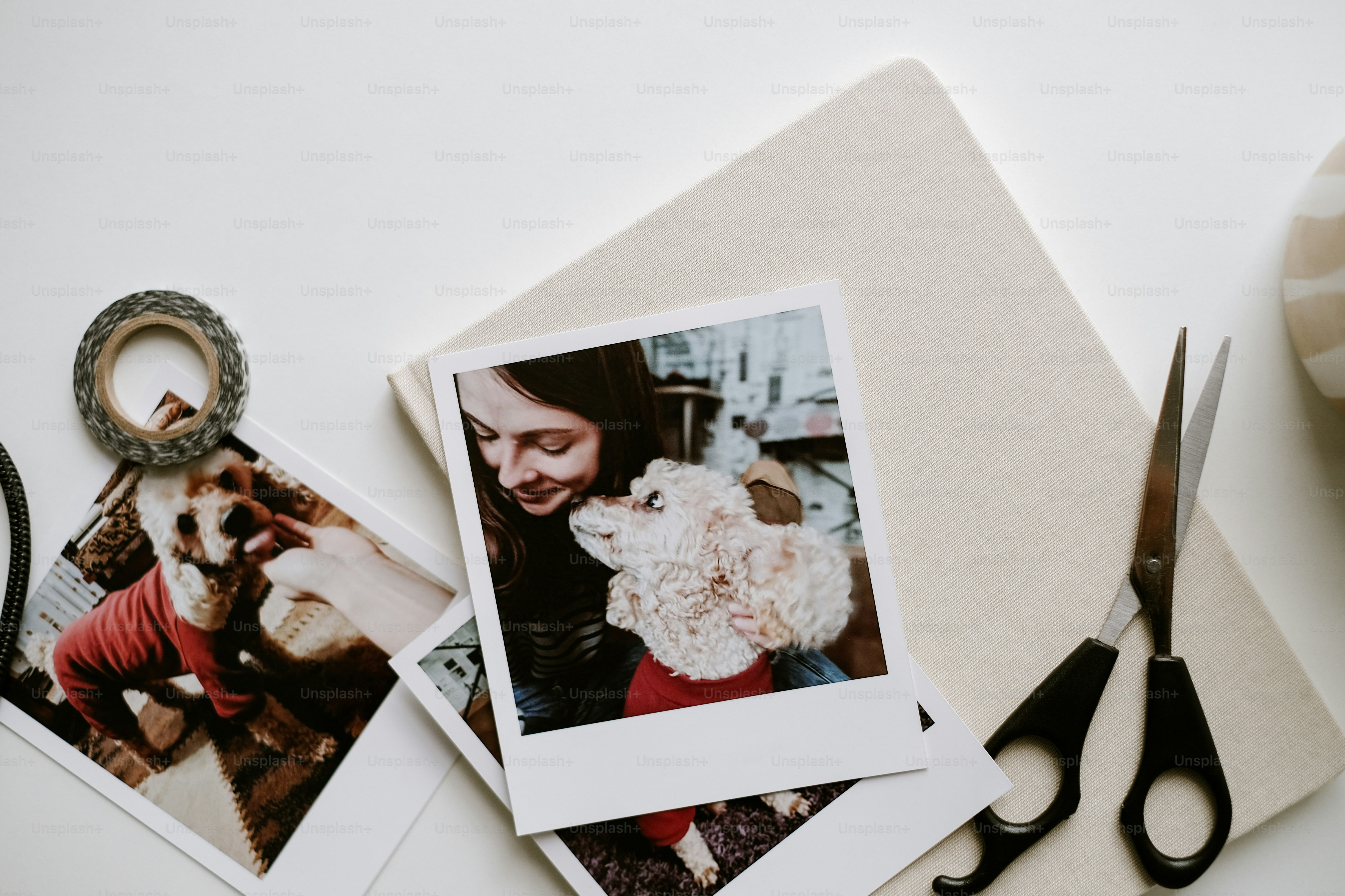 uma foto de uma mulher segurando um cachorro ao lado de uma tesoura