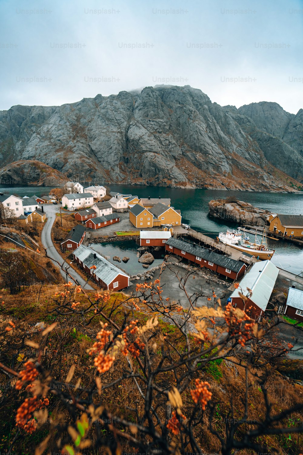 a view of a small town with a mountain in the background