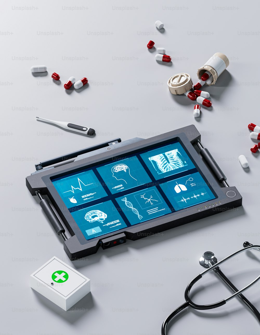 a tablet with medical symbols on it and a stethoscope next to it