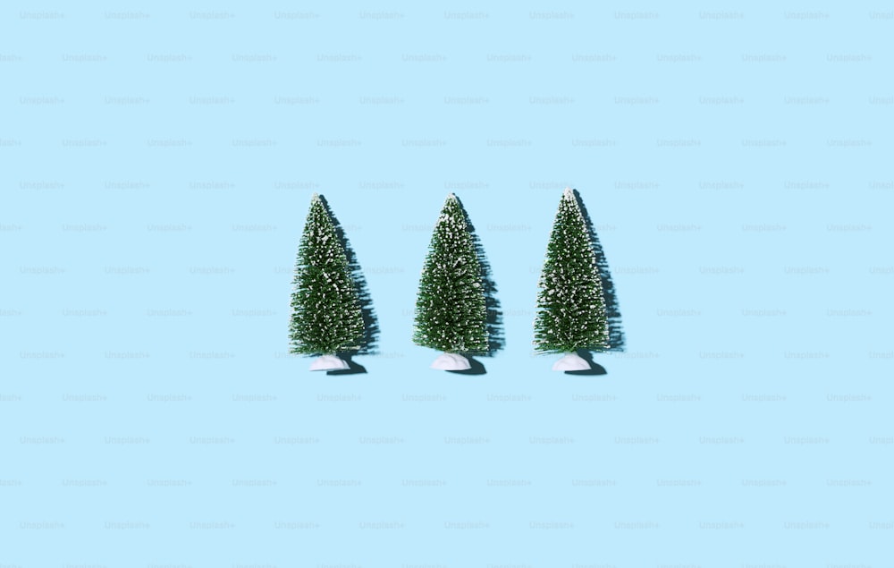 Tres pequeños árboles de Navidad sobre un fondo azul