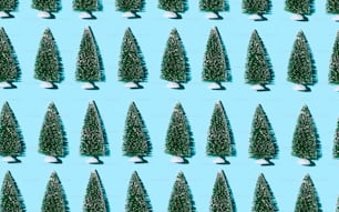 um grupo de árvores pequenas em um fundo azul