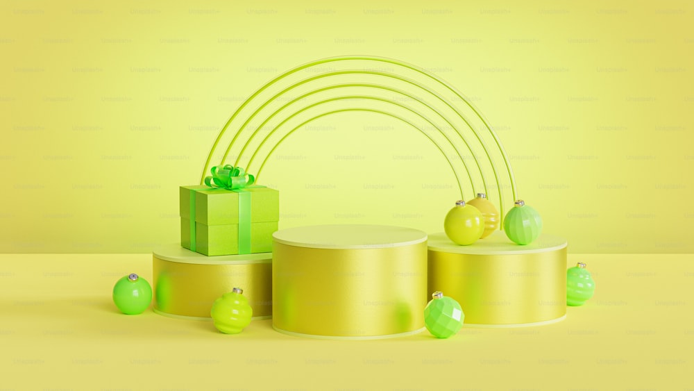 uno sfondo giallo con una scatola verde e alcuni ornamenti verdi