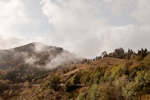 una montaña cubierta de nubes y árboles en un día nublado