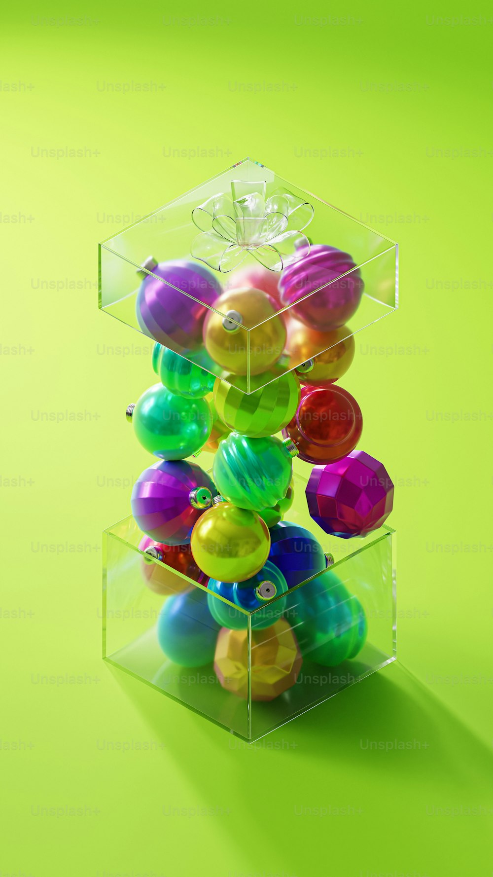 a stack of colorful balls sitting inside of a plastic container