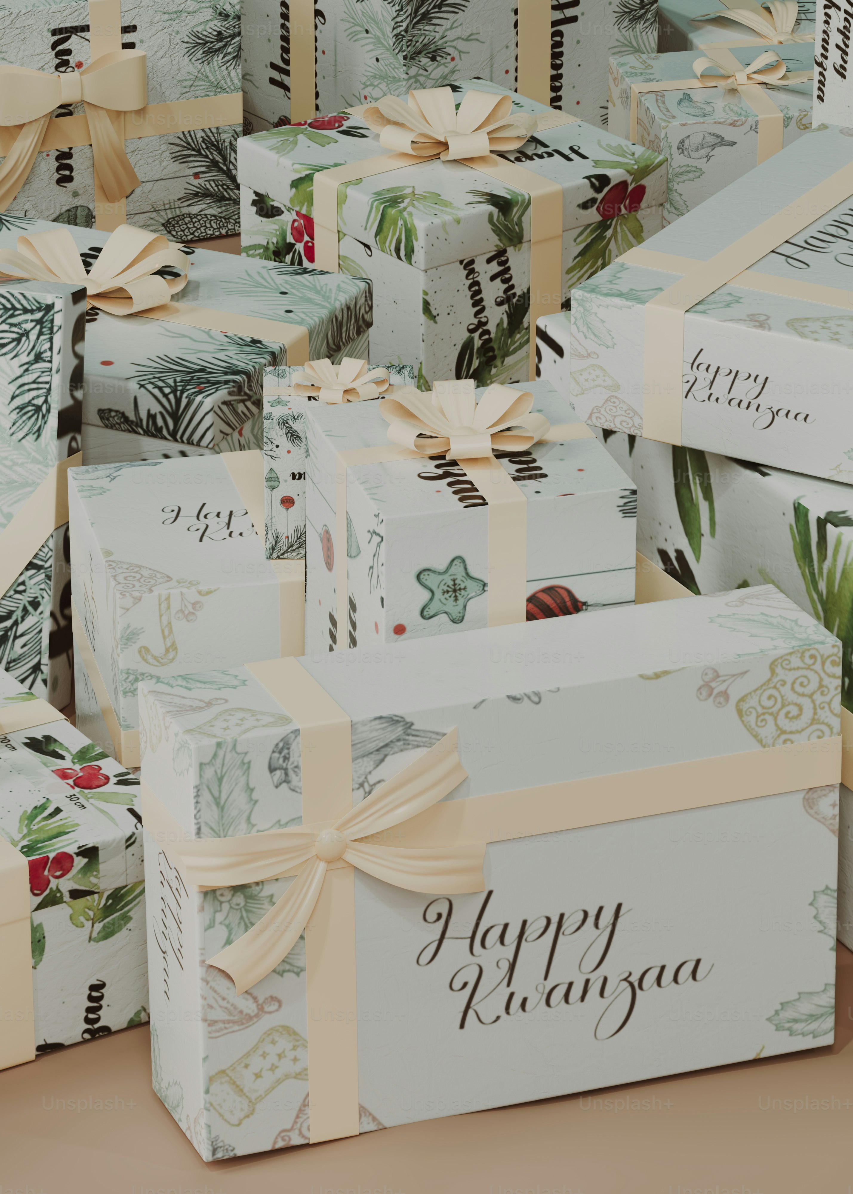 a group of wrapped presents sitting on top of each other