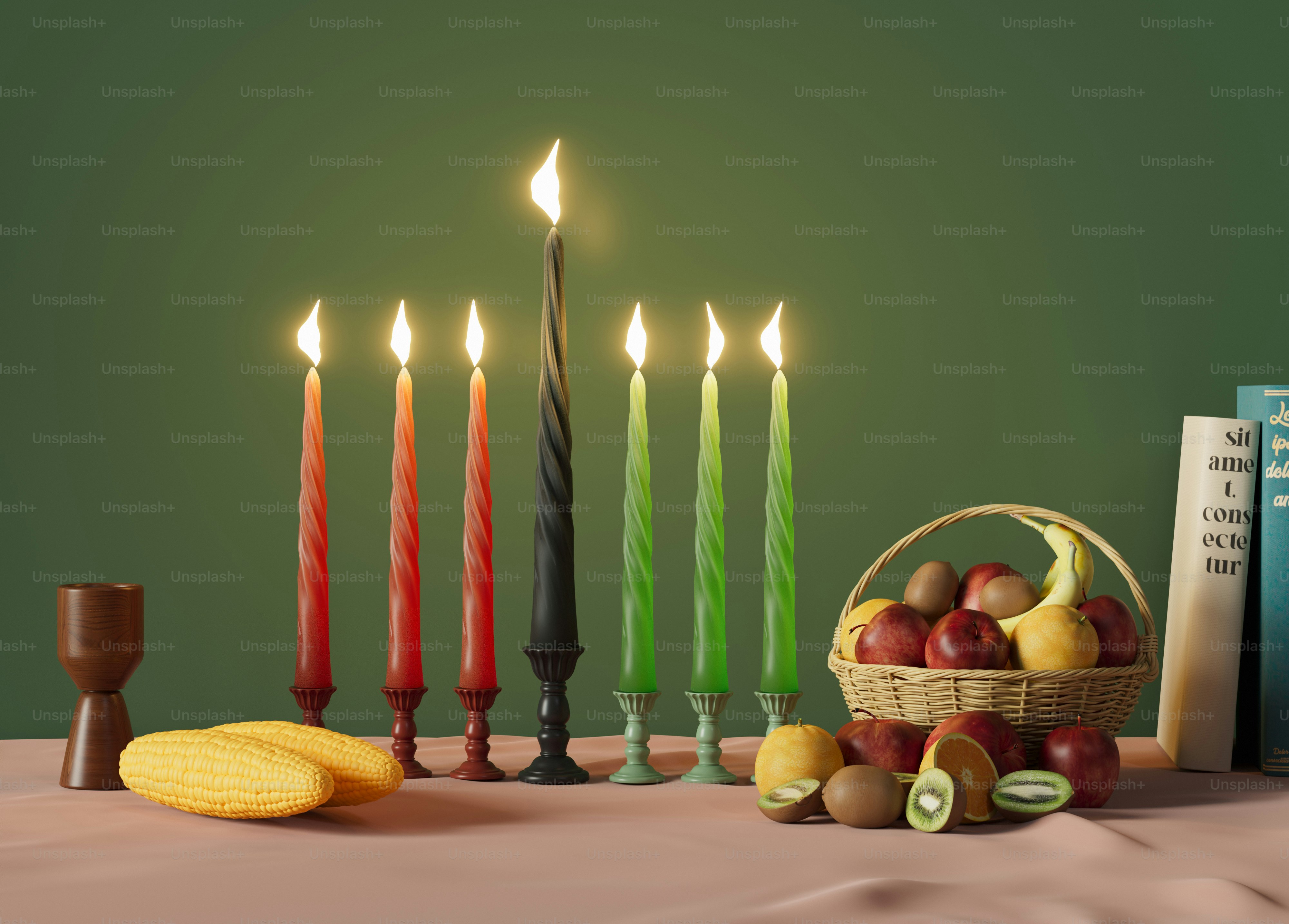 a table topped with a basket of fruit and candles