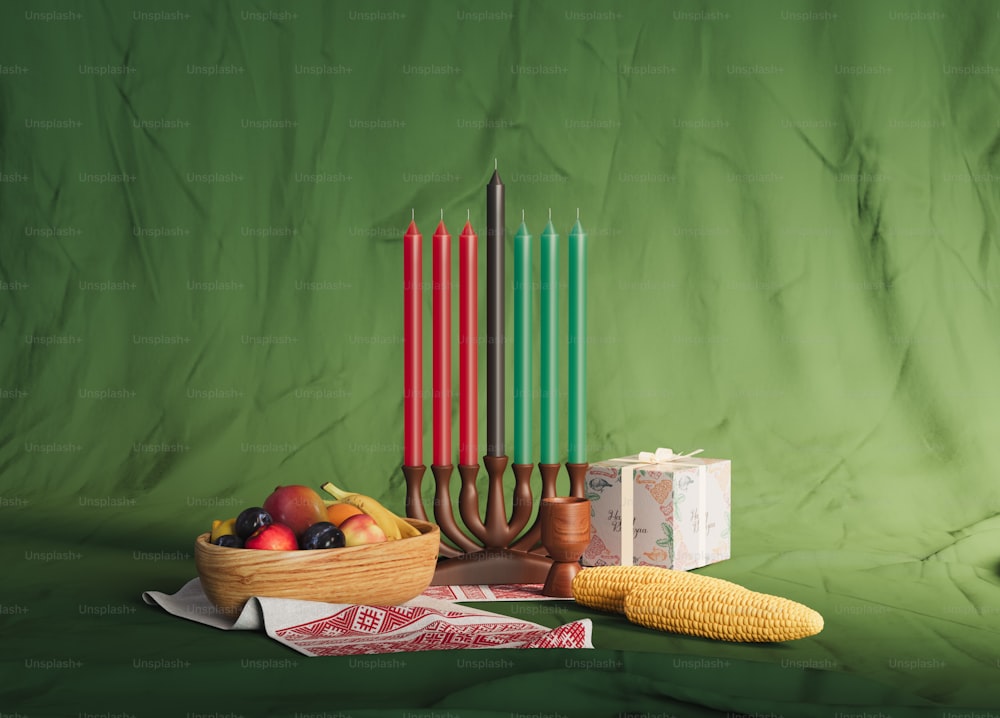 a hanukkah menorah with a basket of fruit and corn on