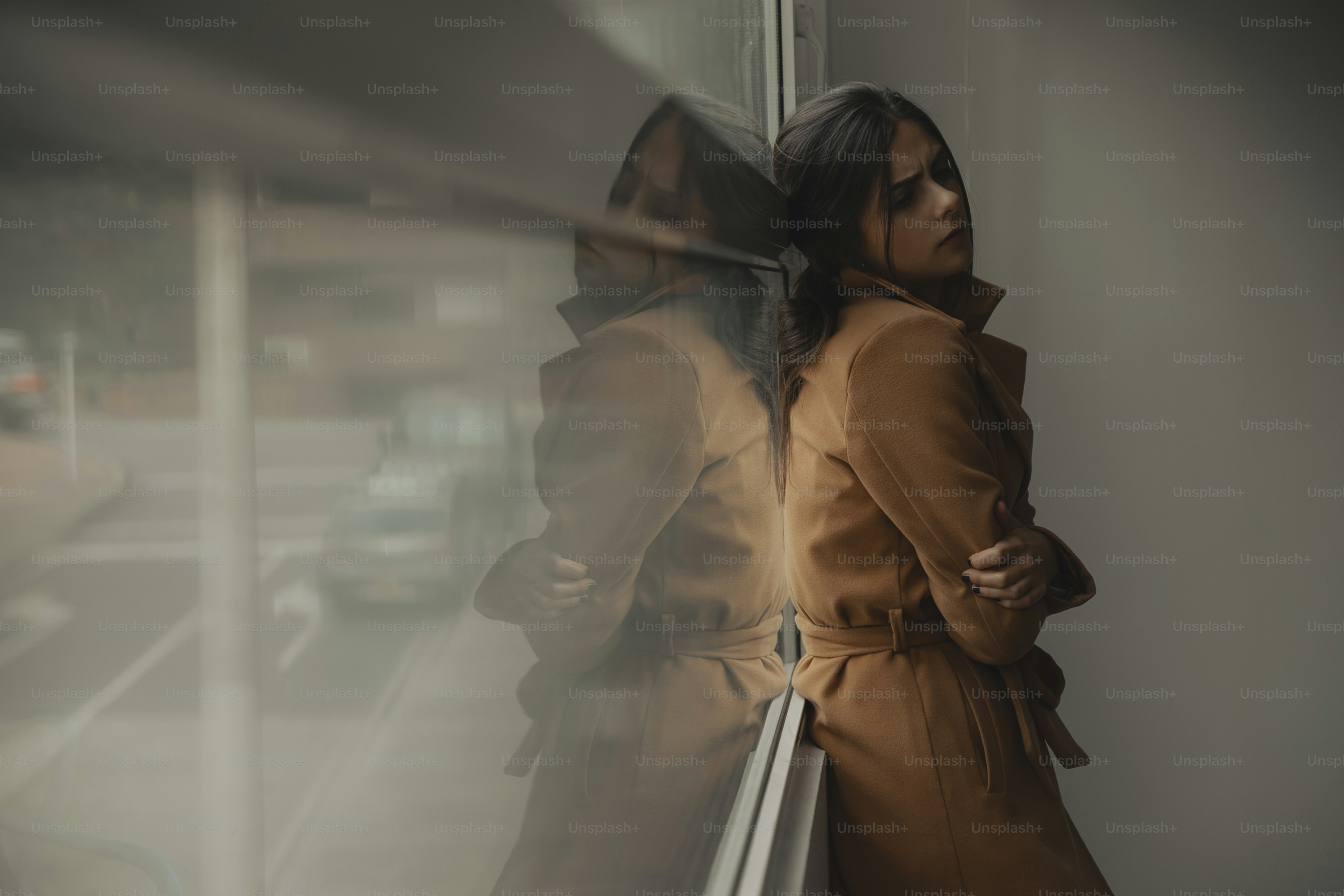 a woman in a trench coat looking out a window
