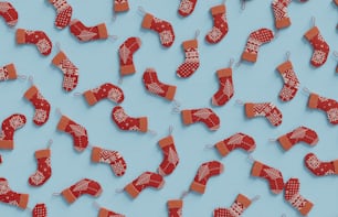 a blue background with red and white knitted stockings